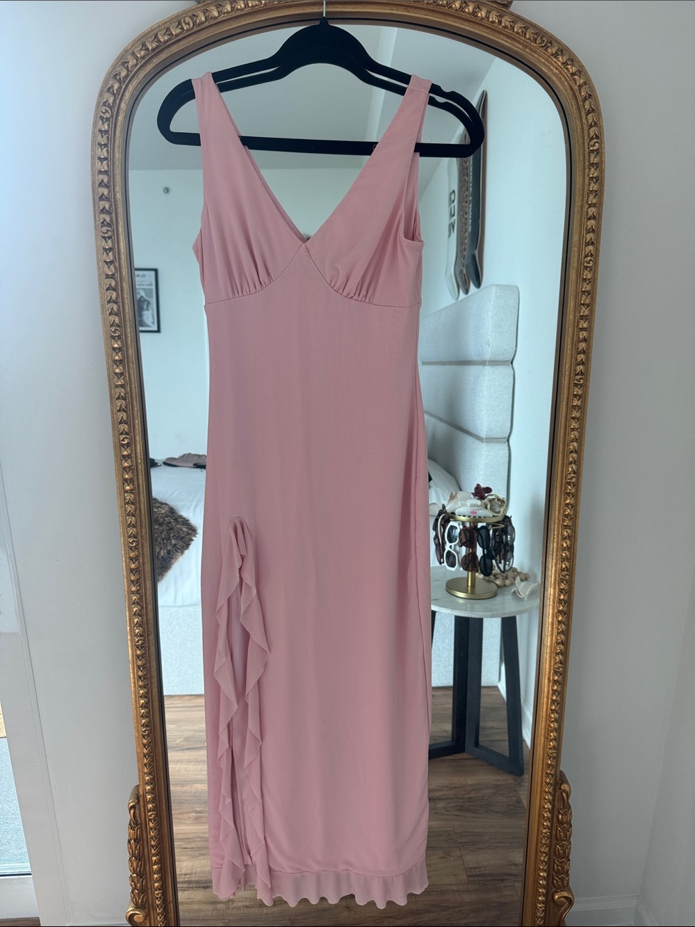 Women’s Pink V-Neck Maxi Dress with Side Ruffle